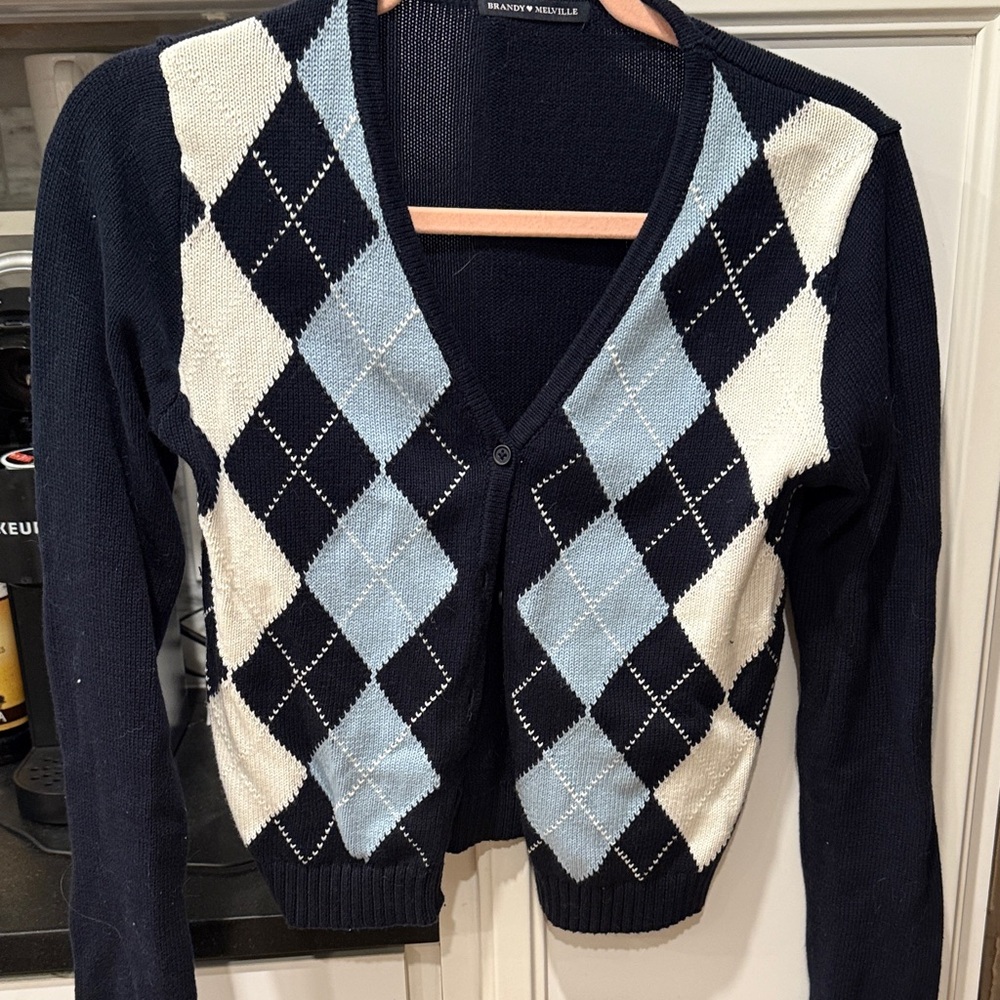 Brandy Melville Diamond Pattern Cardigan - Black, White, Light Blue